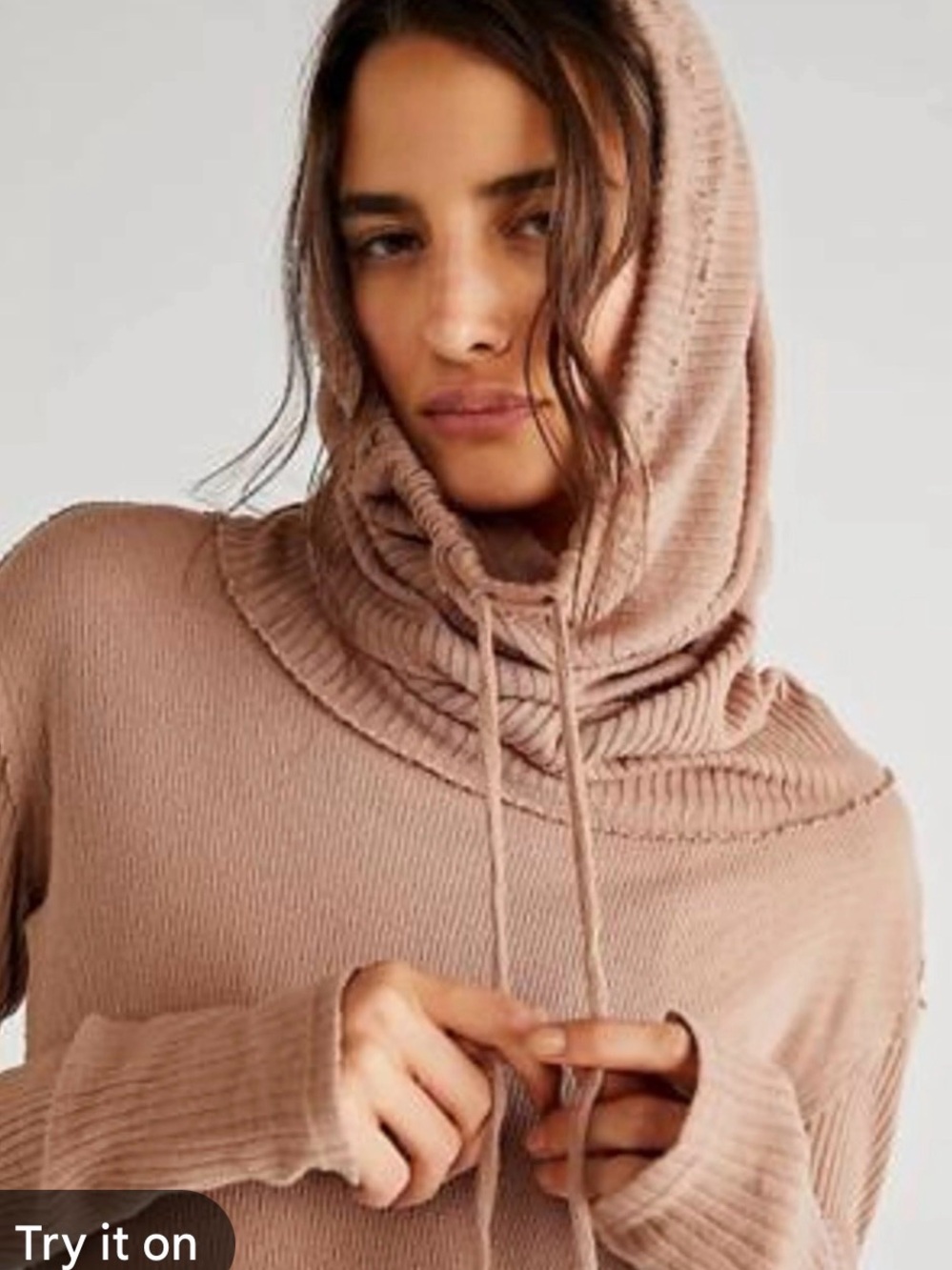 We The Free Ribbed Cowl-Neck Hoodie in Dusty Rose